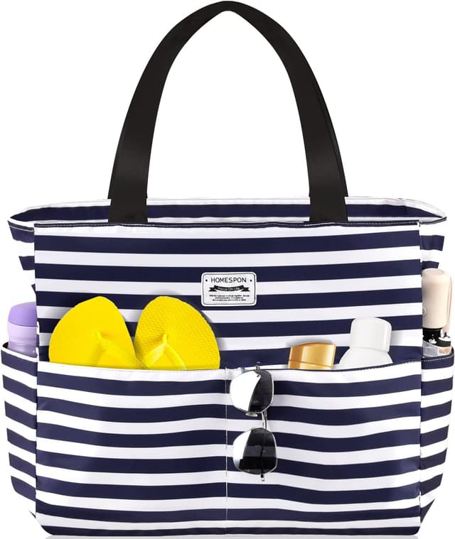 Detalle de HOMESPON Large Waterproof Beach Tote Bag (Blue Stripes) with Zip & Pockets, Foldable