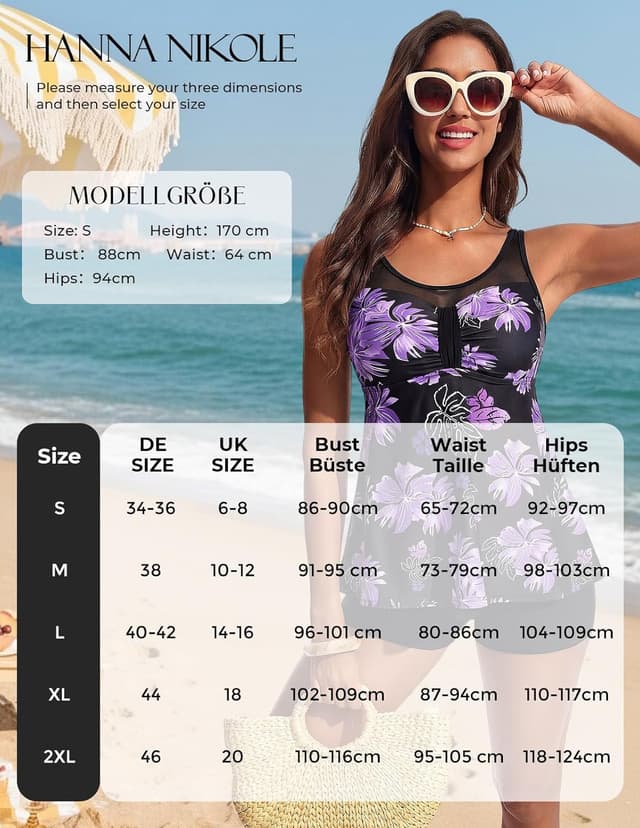 Detalle de Hanna Nikole Tankini Damen-Set mit High-Waist-Badeshorts und Bauchweg-Look