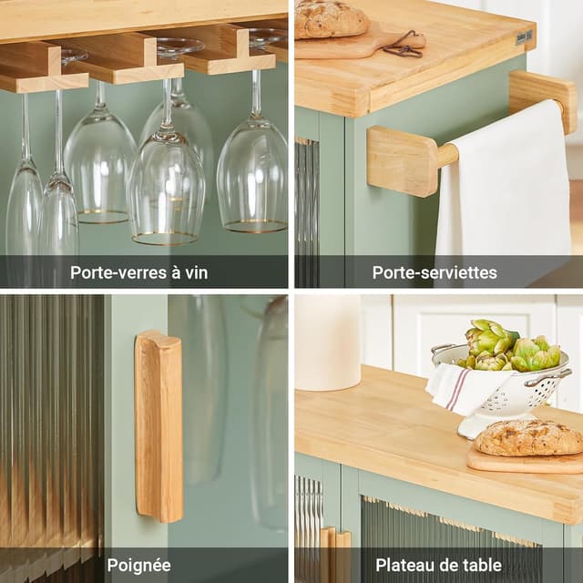 Detalle de SoBuy FKW114-GR desserte de cuisine sur roulettes avec plan de travail en bois, rangement vert et naturel