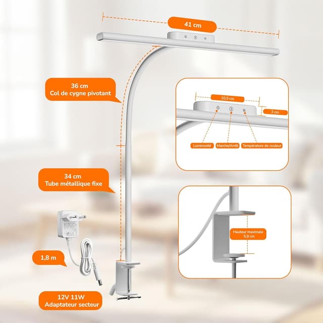 Detalle de Lepro lampe de bureau flexible à pince, 11 W, 5 modes de couleur et 5 niveaux de luminosité (blanc)