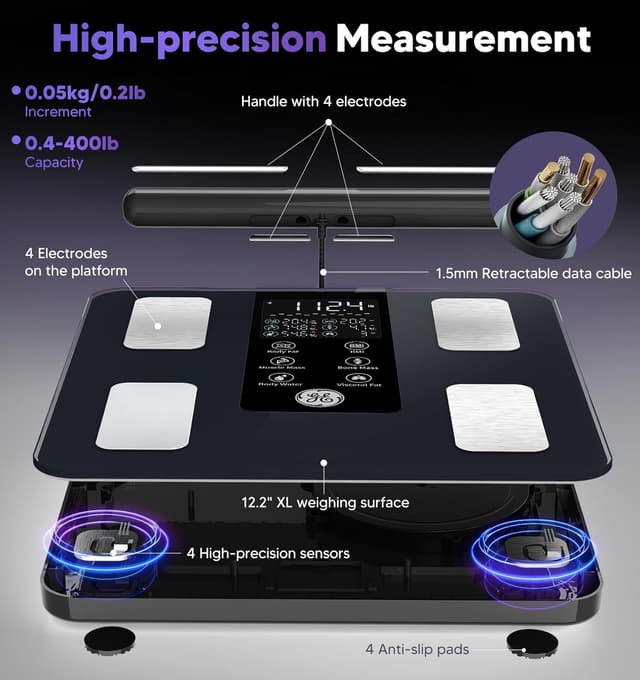 Detalle de GE smart body composition scale with 8 electrodes, Bluetooth, and Fit Profile app