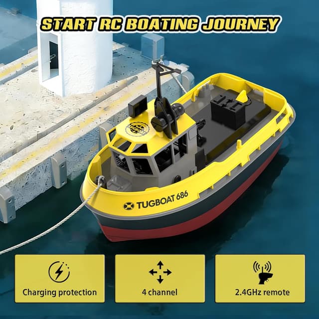 Detalle 2 de tech rc 1:72 ferngesteuertes Tugboat mit 2 Akkus, 2,4 GHz RC-Boot (Gelb)
