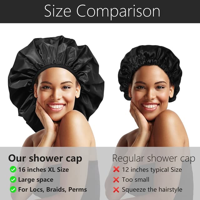 Detalle 2 de Auban Extra Large Shower Cap (XL) — Double-Layer Waterproof Reusable Bonnet for Long Hair, Braids & Locs (Black)