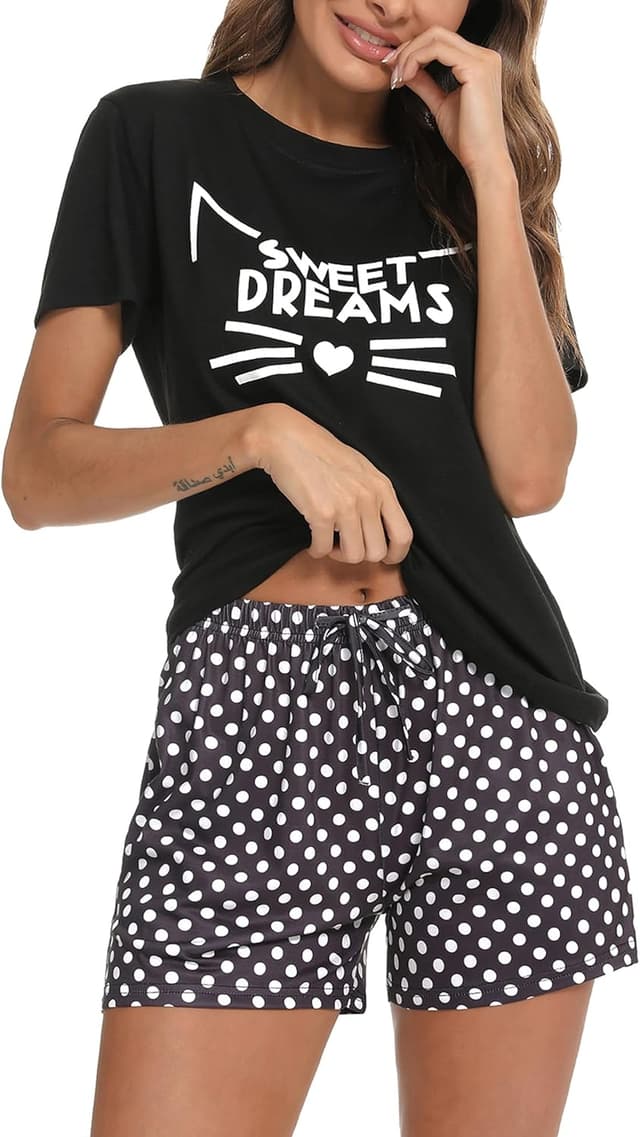 Detalle de Uniexcosm Pyjama en coton femme court (ensemble été) avec chat, col rond et manches courtes