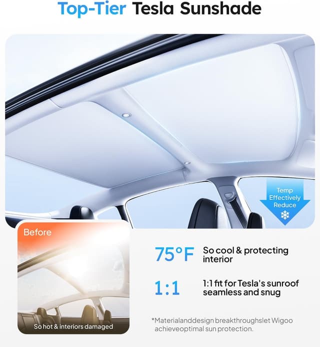 Detalle 2 de Wigoo Tesla Model 3 Roof Sunshade (Built to fit, thermal insulation) for 2020–2026 Highland, gray interior