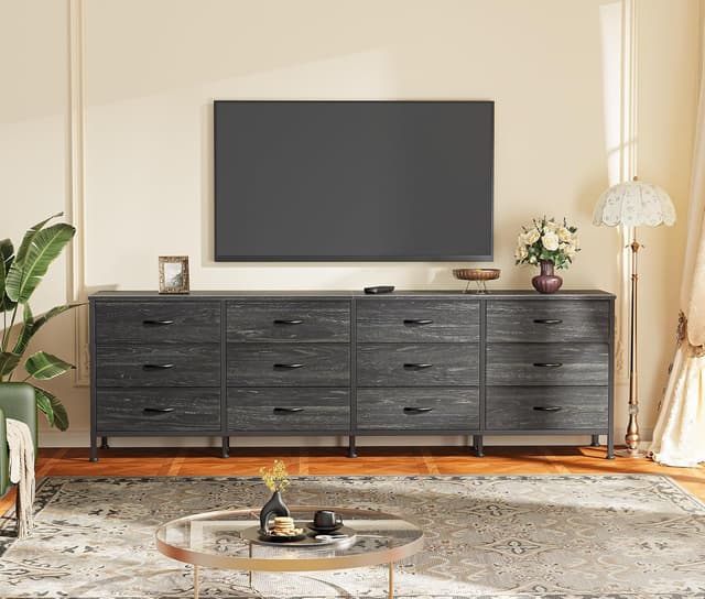 Detalle 2 de Huuger 70 Inch Dresser with 12 Fabric Drawers (Charcoal Black Wood Grain) — TV Stand for Up to 80 Inch Screens