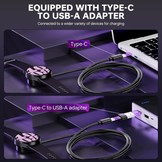 Detalle 2 de USB-C Smartwatch Charger Cable for Samsung Galaxy Watch 8/8 Classic, Ultra, 7–3 (USB-C to USB-A adapter included) — 1m
