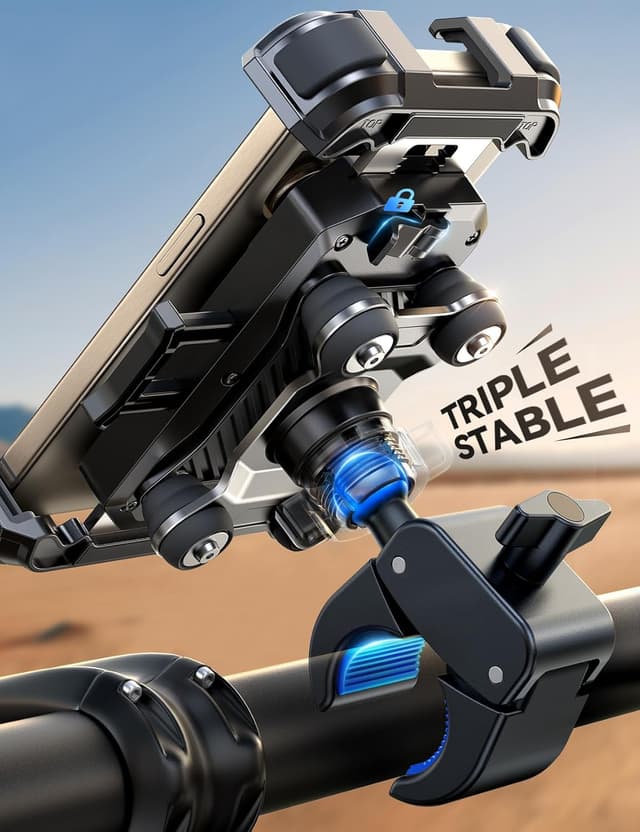 Detalle de JOYROOM Motorcycle Phone Mount Holder with Dual Vibration Dampener (150 mph) and Metal Handlebar Clamp
