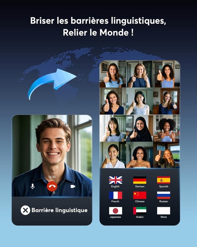 Detalle de Paekole Écouteurs de traduction vocale 3 en 1 Bluetooth 6.1 (198 langues) autonomie jusqu’à 80 h