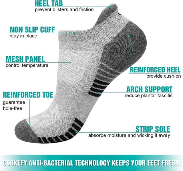 Detalle de Coskefy Thick Cushion Ankle Trainer Socks (6 Pairs) – No odour cotton sports socks for running, gym and walking