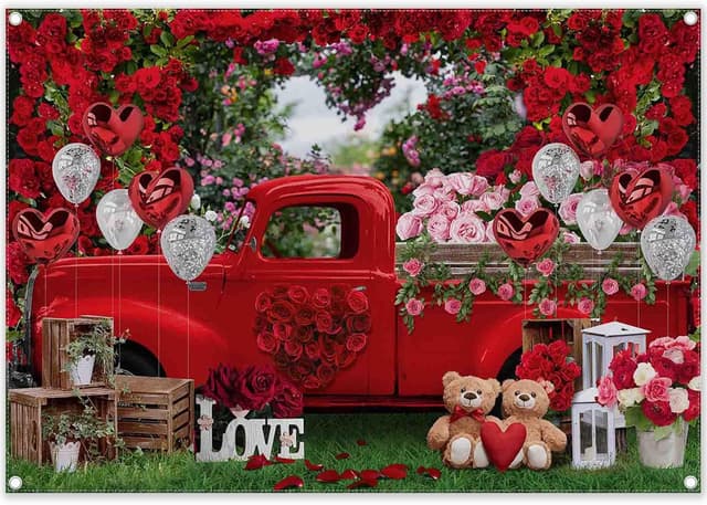Detalle 2 de Luminora 7x5ft Valentine’s Day Truck Backdrop (Pink, Rose Forest Garden) for Photo Booth & Wedding Parties