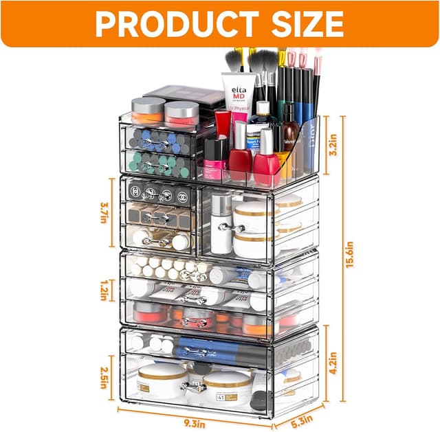 Detalle de Acrylic Clear Makeup Organizer Countertop (11 Drawers) — Stackable Vanity & Skincare Storage for Beauty Counters