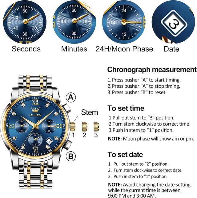 Detalle de OLEVS Men’s Chronograph Watch (Gold & Silver Stainless Steel) – Analog Quartz with Waterproof Dial