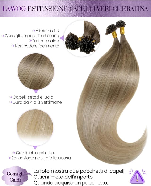 Detalle de LaaVoo Extension Capelli Veri con Cheratina, 50 cm e 50 g (50 ciocche) #8/18/60