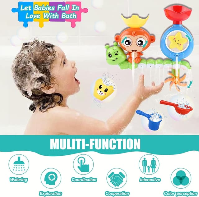 Detalle de Toddler Bath Toys Waterfall Monkey Spinning Gear Set for Ages 1–3 (with Suction Cups and Cups)