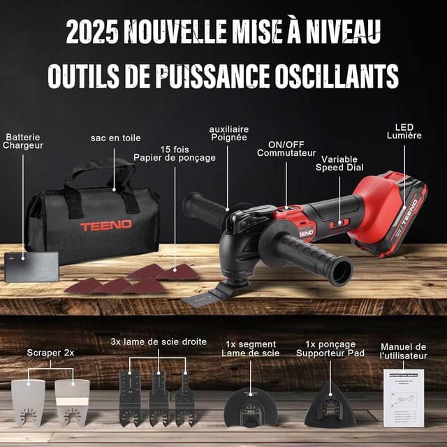Detalle 2 de TEENO utensile multifunzione oscillante senza fili 20V, brushless, 6 velocità 8500–21000 giri/min, 25 accessori
