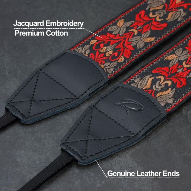 Detalle 2 de Padwa Lifestyle Camera Strap – 2 inch wide cowhide ends, vintage jacquard embroidered strap for cameras & binoculars