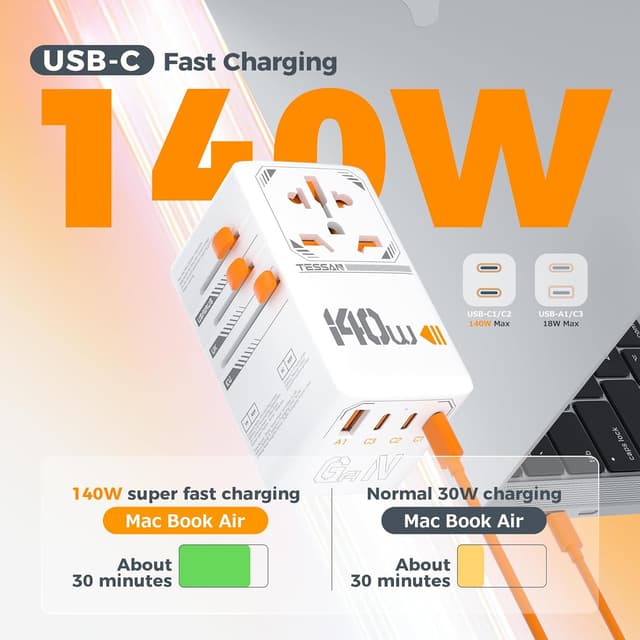 Detalle de TESSAN Universal Travel Adapter 140W with USB-C ports 🔌