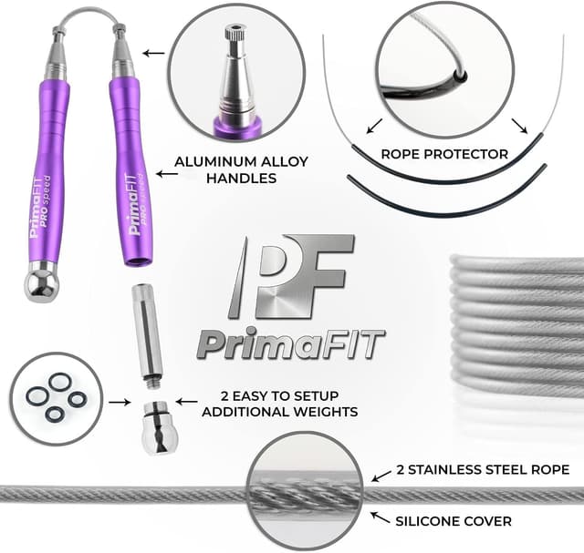 Detalle 2 de PrimaFIT Pro Speed Corde à sauter lestée réglable en aluminium (crossfit, HIIT, boxe)
