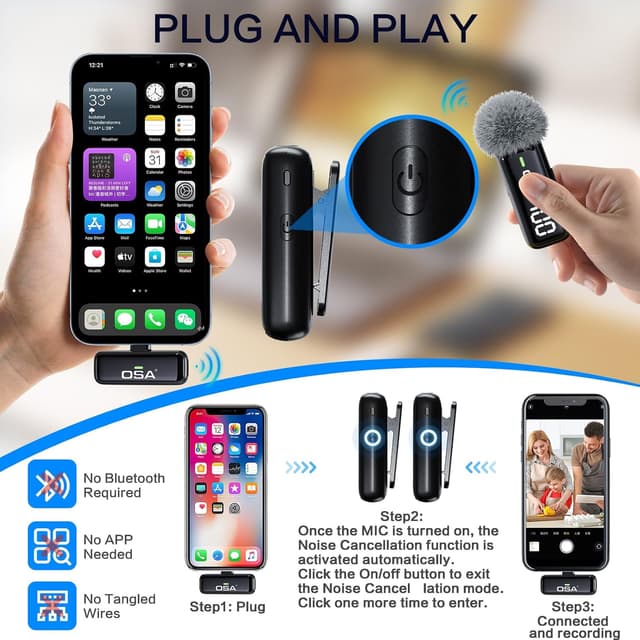Detalle 2 de OSA Microfono Lavalier Wireless per iPhone/iPad/Android, 2 Pack con display e riduzione del rumore (Bluetooth, plug&play)