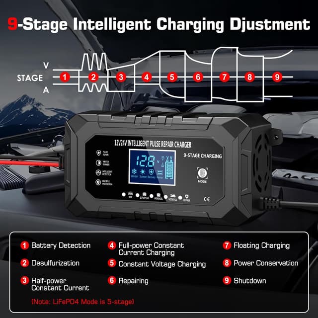Detalle de Husgw 12V 15A / 24V 8A caricabatterie per auto, moto e camion LiFePO4 con 9 livelli