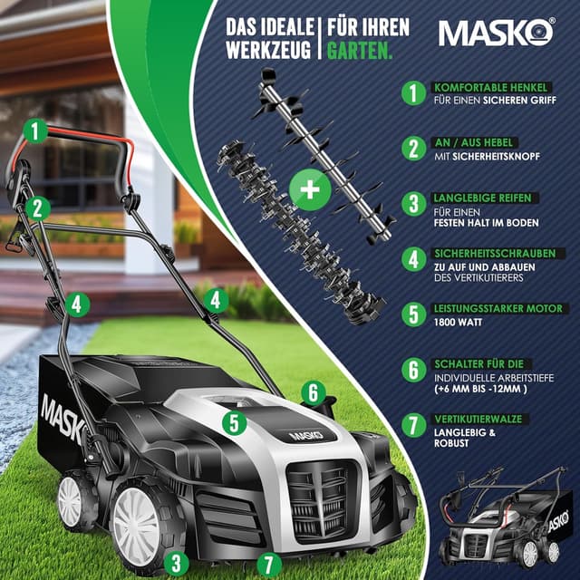 Detalle 2 de MASKO® Elektro 2in1 Vertikutierer & Rasenlüfter 1800 W, 40 cm Arbeitsbreite, 55-L-Fangkorb