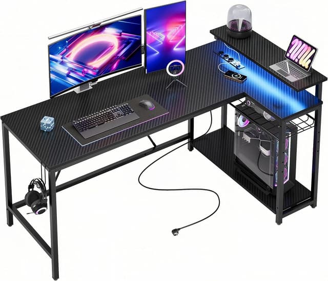 Detalle de Bestier 147CM L Shaped Gaming Desk con luci LED 1500W