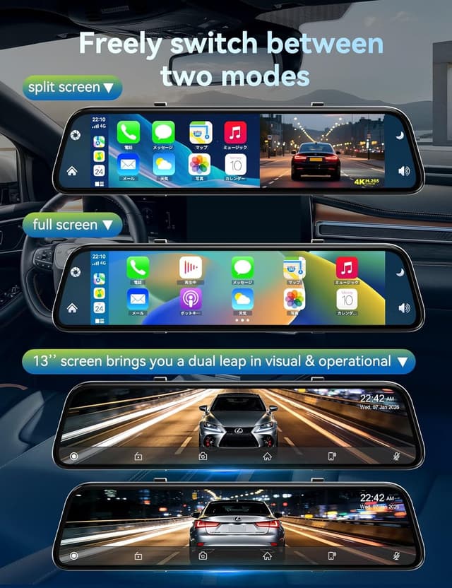 Detalle 2 de 2026 Ultrawide 13” 4K Rear View Mirror Camera with CarPlay & Android Auto, 5.8GHz WiFi, 64GB Card Included