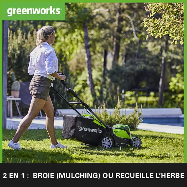 Detalle de Greenworks G40LM41 : tondeuse sans fil pour pelouses jusqu’à 500 m², coupe 41 cm (sans batterie ni chargeur)