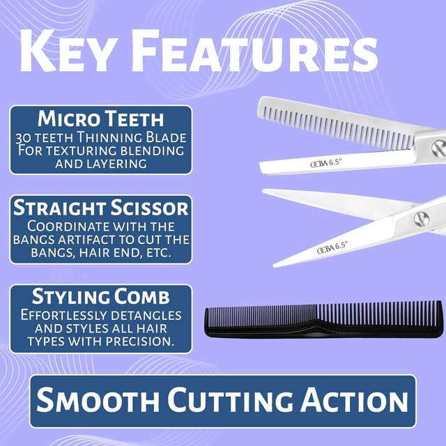 Detalle de OCBA professionelle Friseurschere (6,5 Zoll, Silber) für präzise Schnitte – für Salon & Zuhause