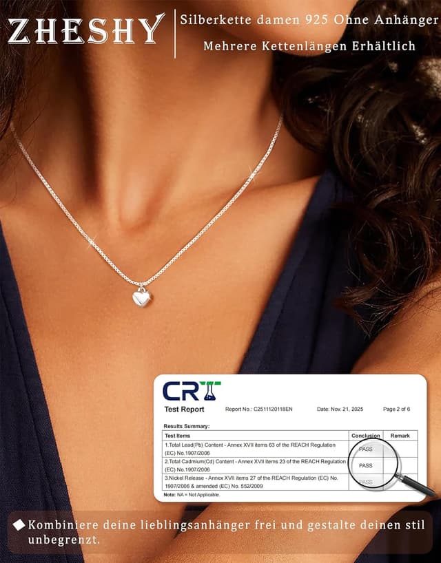 Detalle de ZHESHY Silberkette 925 Damen ohne Anhänger – feine Halskette in 3 Breiten, 40–55 cm