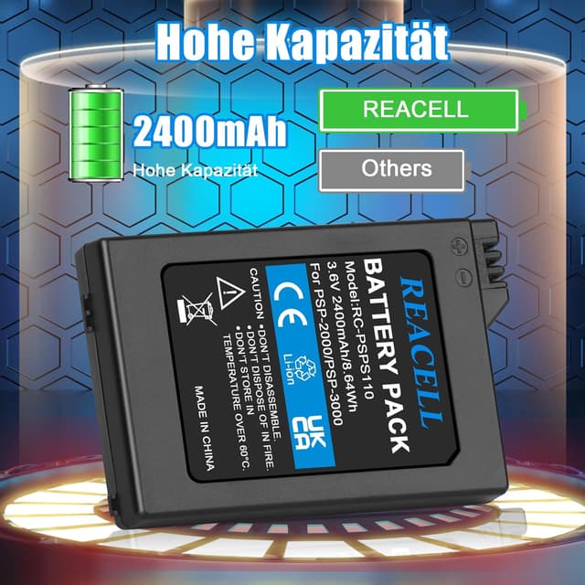 Thumbnail 6 de REACELL Ersatzakku 2400 mAh 3,6 V für Sony PSP-S110 (kompatibel u. a. mit PSP-2001/3000/3004)