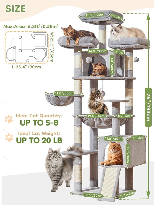 Thumbnail 6 de Taoqimiao MS047W 193 cm Cat Tree with 7 Sisal Posts, Metal Hammock & Hanging Basket