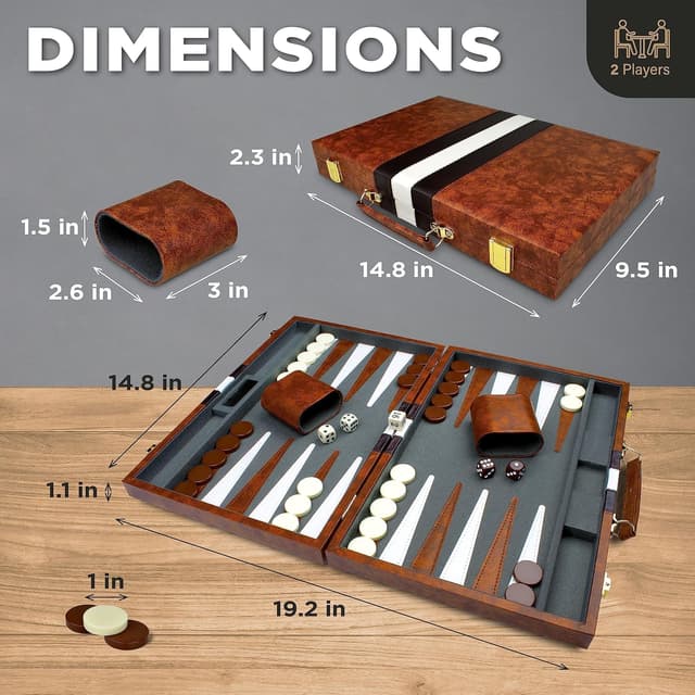 Detalle de Large Backgammon Sets for Adults (15-inch) in PU Leather Case — Classic 2-Player Board Game Gift