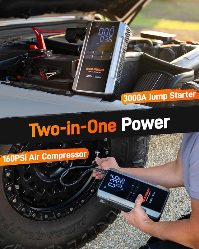 Detalle de WOLFBOX 3000A Jump Starter Power Pack with Air Compressor (12V) with 65W Fast Charge