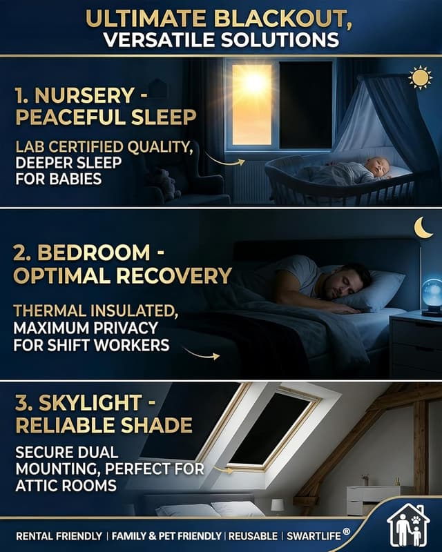 Detalle de SwartLife 100% Blackout Blind (240x145cm) Stick-On Cut-to-Fit with Suction Cups & Hook-Loop Tabs