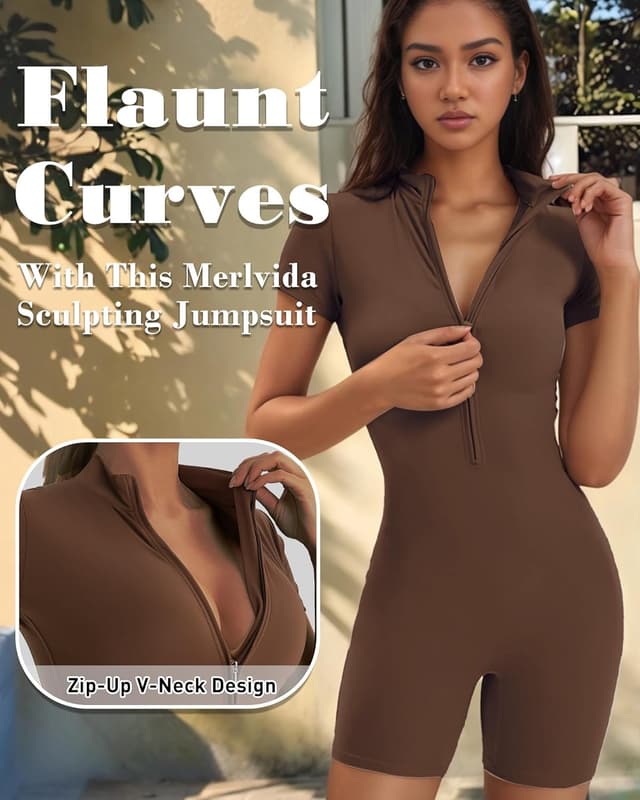 Detalle 2 de Merlvida Sport-Jumpsuit für Damen – Kurz, eng & nahtloser Gym-/Yoga-Overall mit Reißverschluss