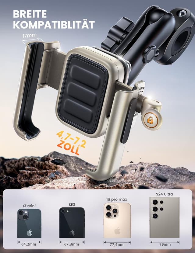 Detalle 2 de Lamicall Handyhalterung Motorrad & Fahrrad – Ganzmetall, vibrationsgedämpft, Lenkerhalter mit Verlängerungsarm (für 4,7–7,2 Zoll)
