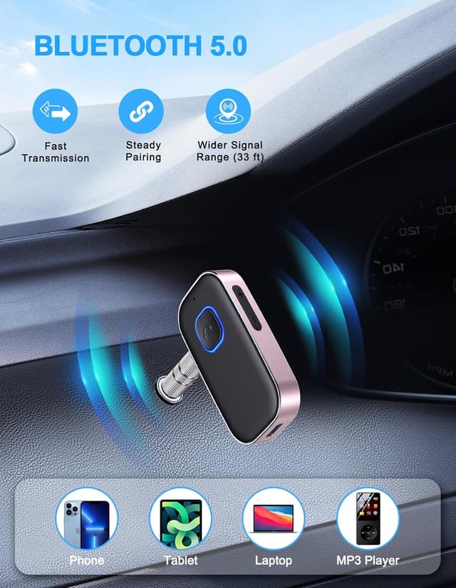 Detalle de COMSOON Bluetooth AUX Adapter (3.5mm) with CVC8.0 Noise Reduction, 16H Battery Life, Dual Connection (Black+Pink)