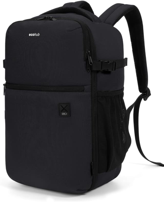 Detalle de ECOHUB Handgepäck-Rucksack für Ryanair (40×20×25 cm, 20 l) mit 14-Zoll-Laptopfach – recycelt, schwarz