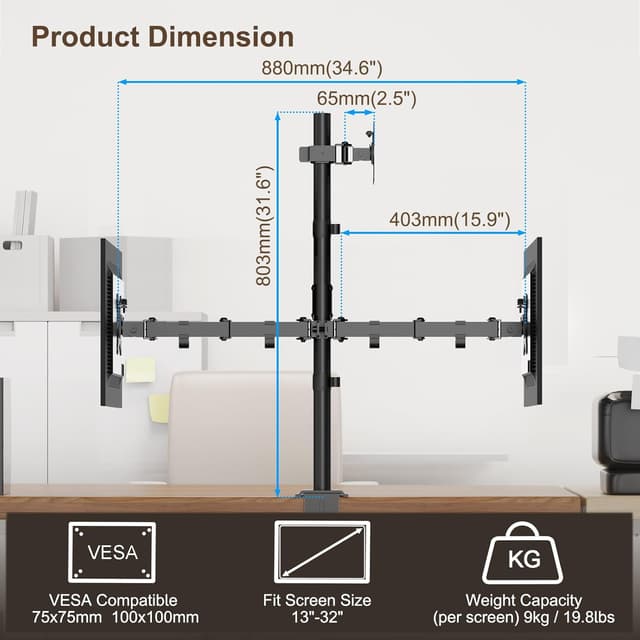 Detalle de PUTORSEN Triple Monitor Arm (30.5 inch) for 3 x 13"-32" screens, VESA 75x75/100x100, black