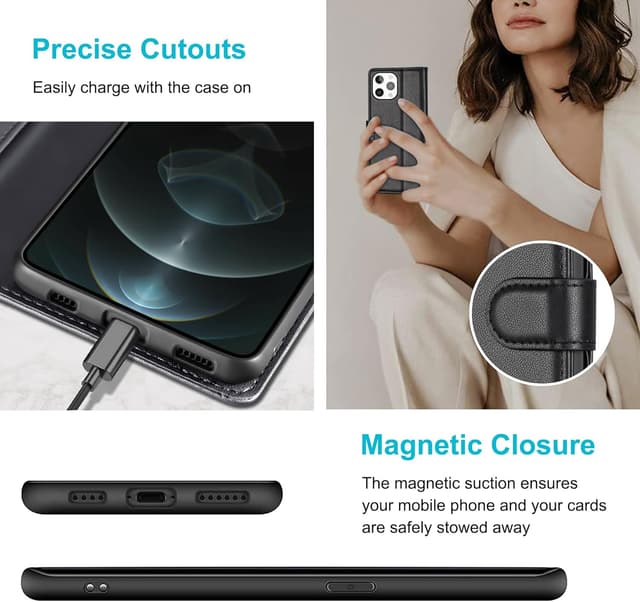 Detalle de Kuafcase iPhone 12 Pro Max wallet case with 4 card slots, magnetic closure and kickstand (Black)