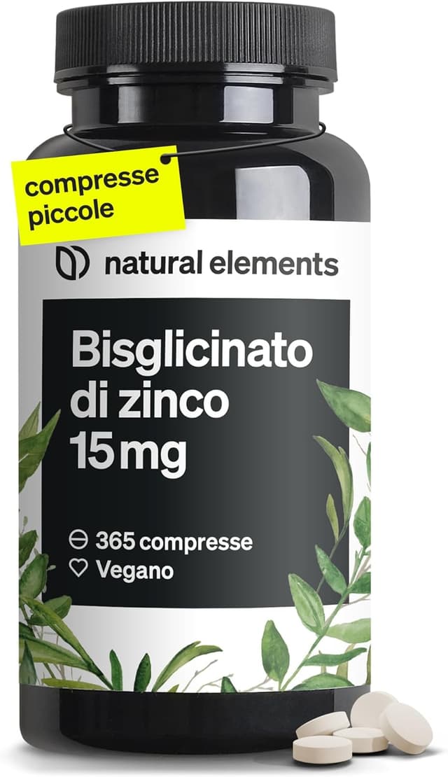 Detalle de Natural Elements Zinco Integratore – 15 mg, 365 compresse vegan per acne e brufoli (bisglicinato di zinco)