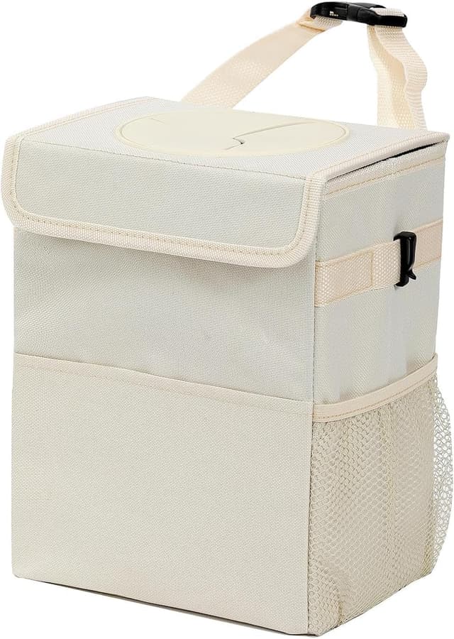 Detalle de Domemit Car Bin (2 Gallons / 8L) – Collapsible waterproof car trash can with lid, pockets & adjustable strap – Beige