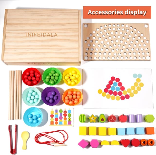 Thumbnail 6 de INIFEIDALA Toddler Montessori Learning Toy: Rainbow Stacking & Lacing Beads Wooden Peg Board Set