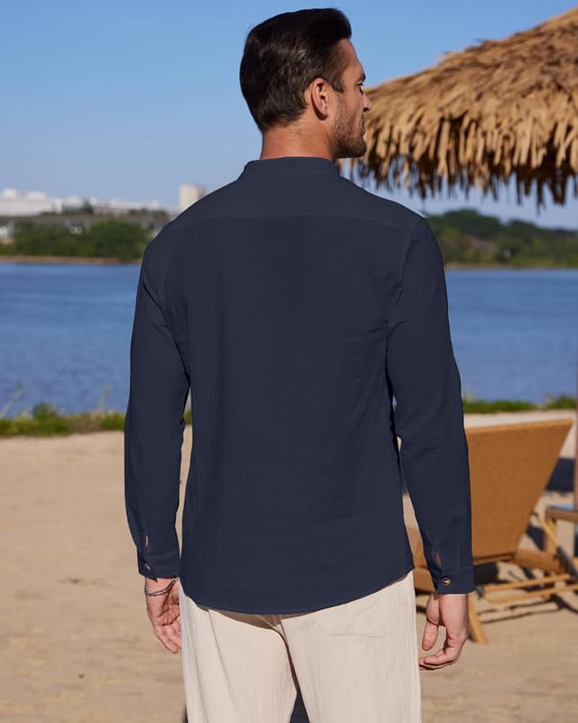 Detalle de YAOBAOLE chemise lin coton homme à manches longues Henley – style décontracté pour l’été