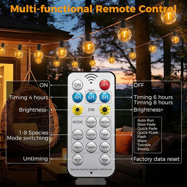 Detalle 2 de btfarm Solar Lichterkette außen mit Fernbedienung (8 m, 10+1 LEDs, G40, warmweiß, 8 Modi)