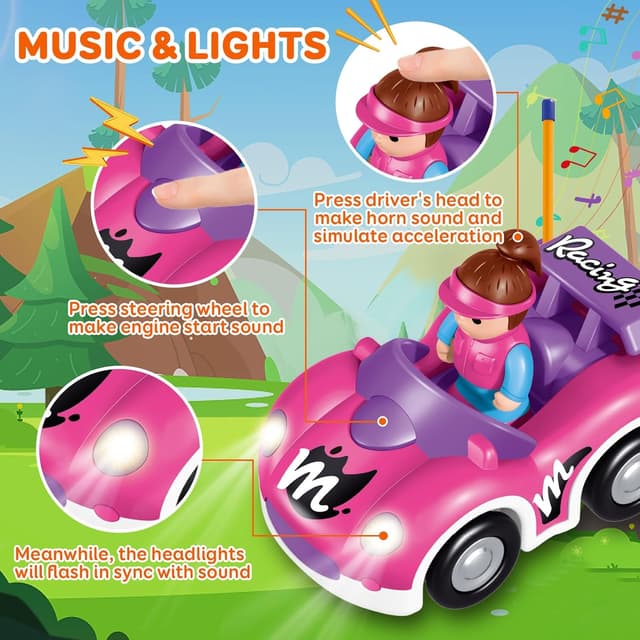 Detalle de Pup Go RC Race Car for Toddlers (18 Months+) with Horn Sounds, Flashing Lights & 2 Removable Dolls – Pink Purple