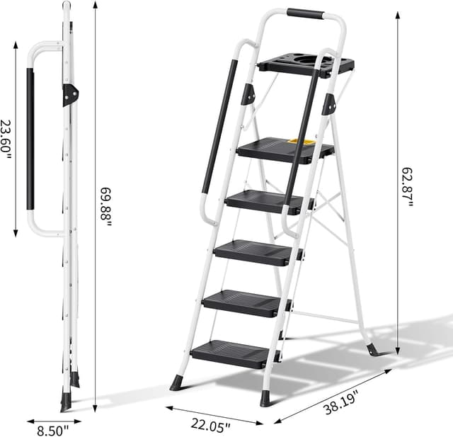 Detalle 2 de KINGRACK Folding 5-Step Ladder Step Stool with Safety Lock (800 lbs Capacity) – White