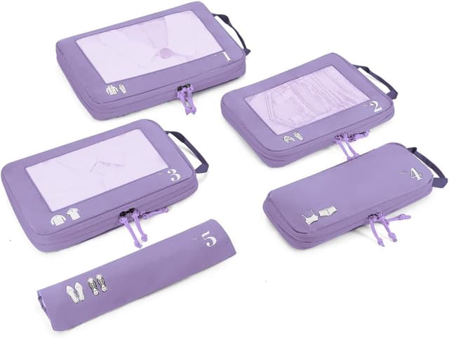 Detalle de ECOHUB 5-teiliger Kompressions-Koffer-Organizer im Set (Kompression Packing Cubes) – Hell Violett